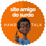 Selo amigo do surdo, cor laranja, com a tradutora virtual Maya, da Hand Talk.