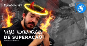 Arte com foto do Paulo Fabião com chifres e auréola. Mau Exemplo de Superação