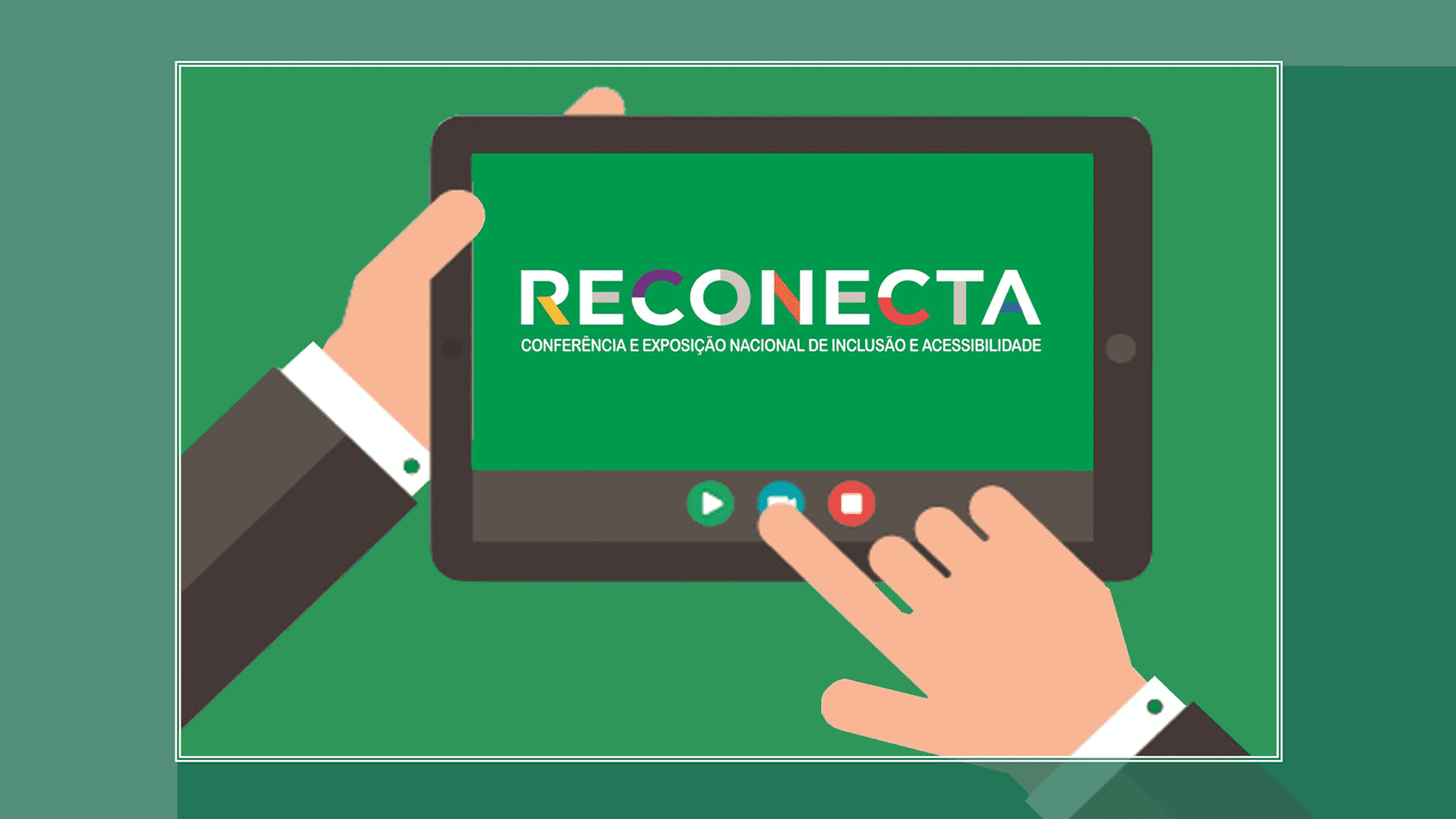 Imagem digital com fundo verde, mostra duas mãos acessando o Reconecta 2020