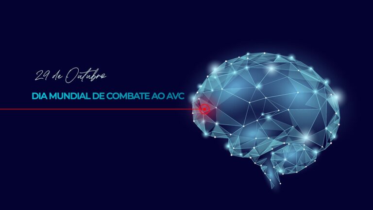 Imagem de um cérebro futurístico e o titulo Dia Mundial de Combate ao AVC