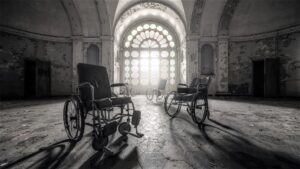Três cadeiras de rodas velhas, dentro de um prédio abandonado, ilustrando o artigo "Se há verdade, há felicidade".