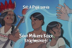 Ilustração do texto Língua indígena de sinais é retratada em HQ é um recorte da capa da história em quadrinhos descrito na legenda.