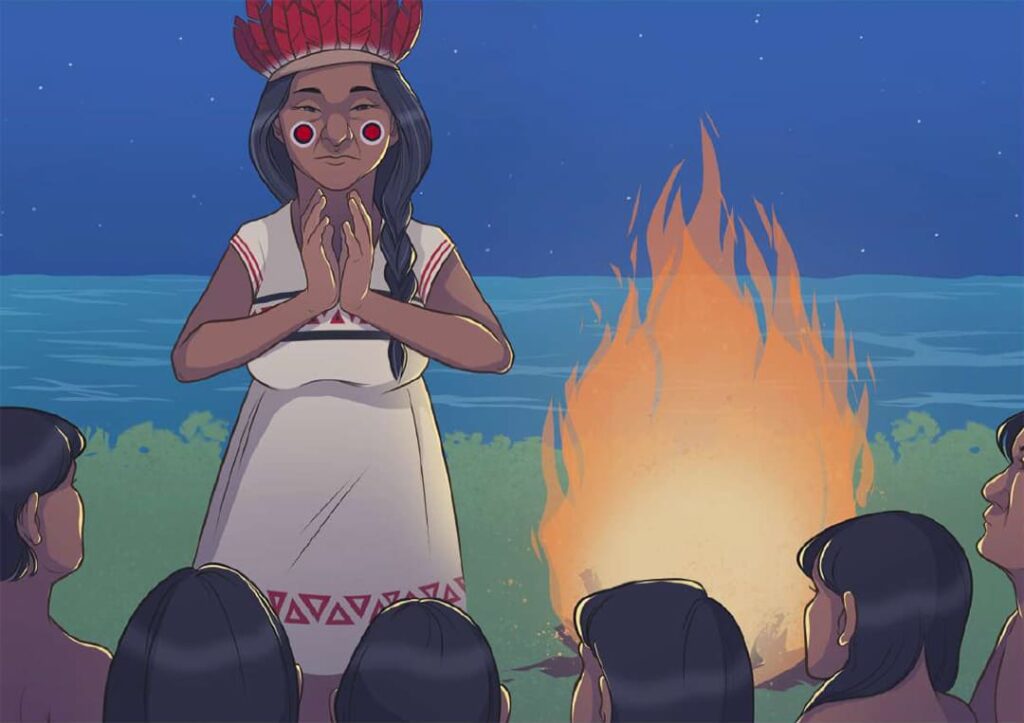 Ilustra da HQ que retrata a língua indígena de sinais com descrição na legenda.