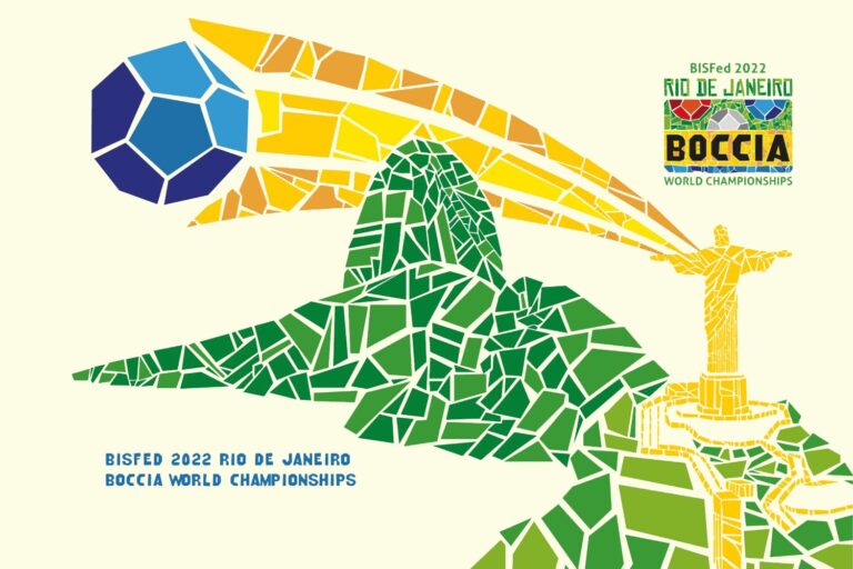 Imagem oficial “BISFed 2022 Rio de Janeiro Boccia World Championships” descrito na legenda.