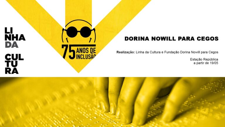Arte com logo e nome da Fundação Dorina Nowill para Cegos, descrita na legenda, de “Transformando Vidas e Incluindo Pessoas”.