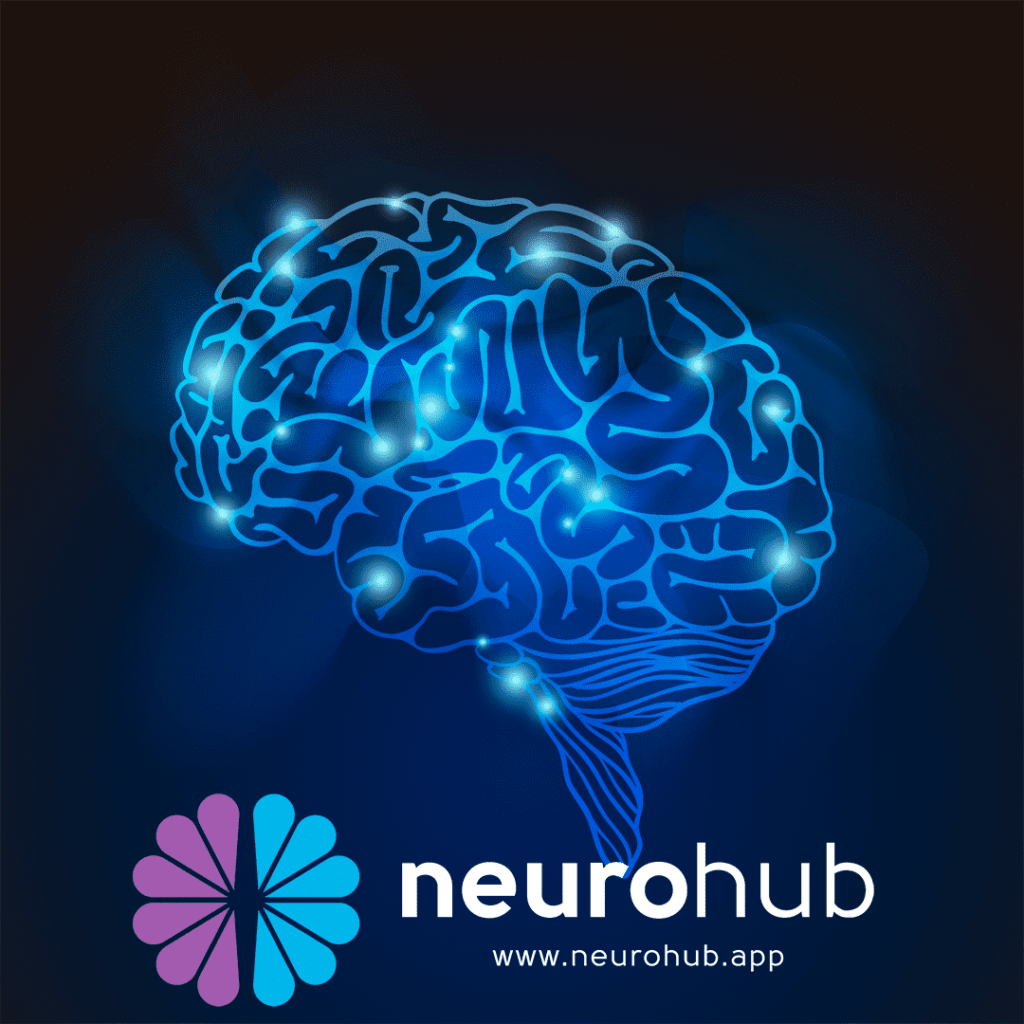 Ilustração colorida de um cérebro e o logo NeuroHub.