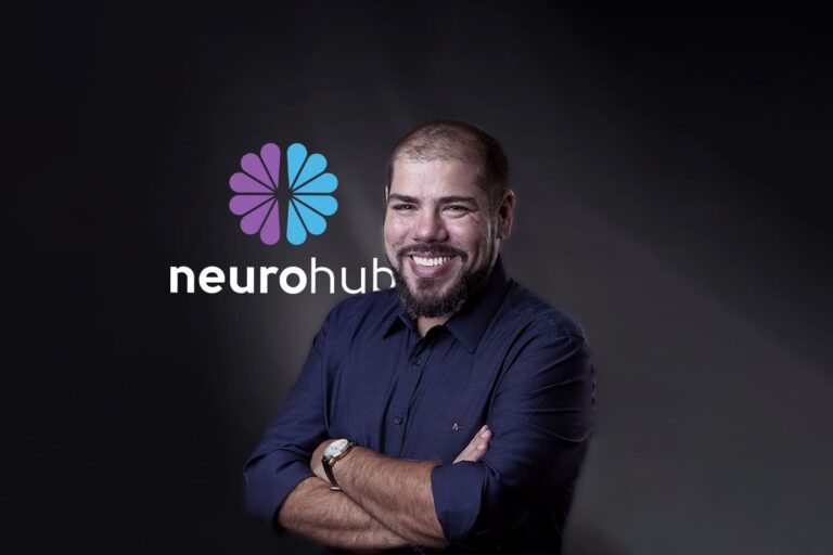 Fotografia com Rodrigo Alencar e logotipo NeuroHub, app que promete organizar rotina de cuidados neurológicos.