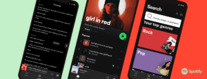 Arte com três smartphones e logo da plataforma, ilustrando “Spotify melhora recursos de acessibilidade”. Descrição na legenda.