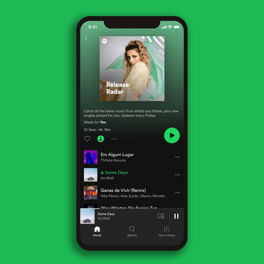 Arte em fundo verde com a imagem de um celular, aberto no app Spotify.
