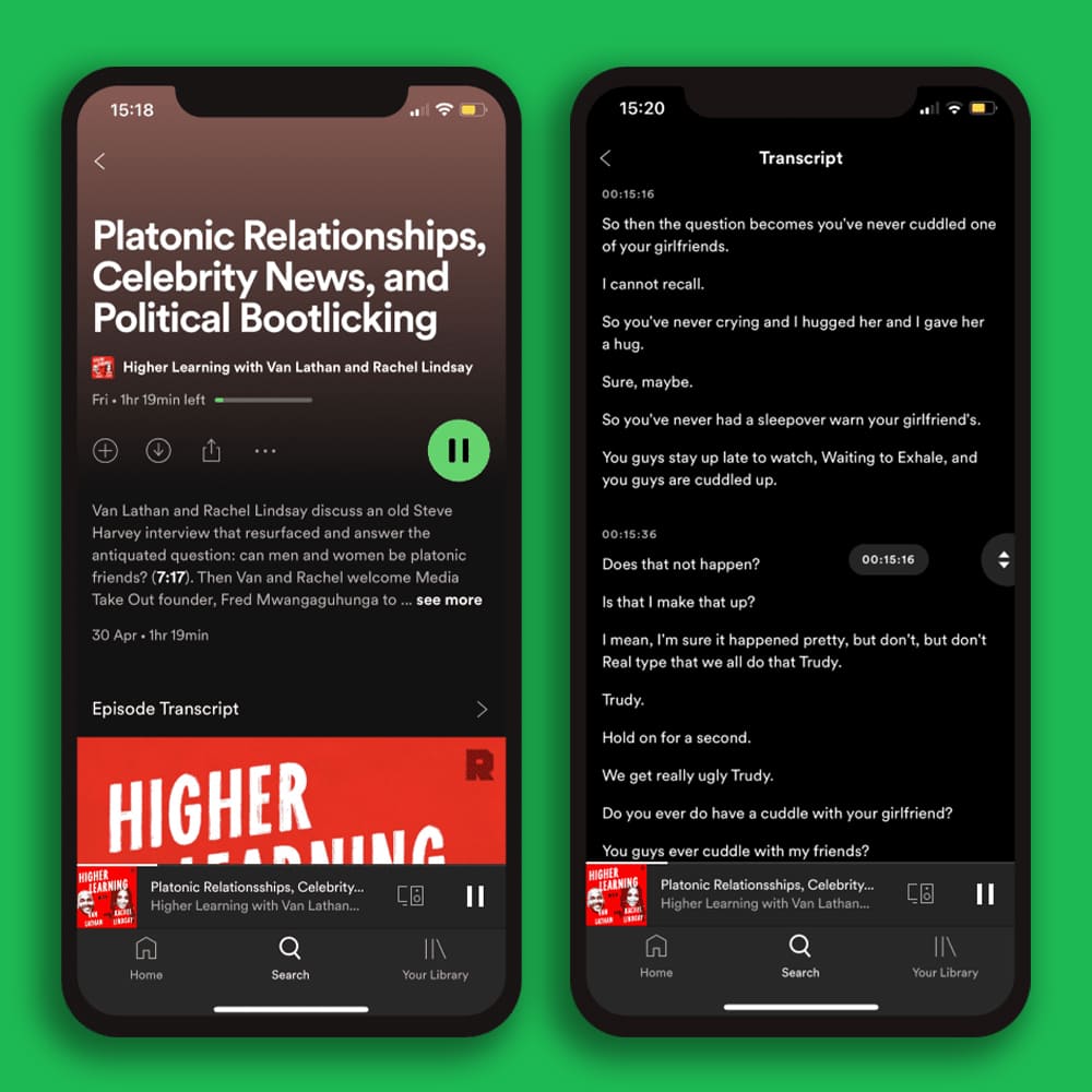 Arte em fundo verde com a imagem de dois celulares, abertos no app Spotify.