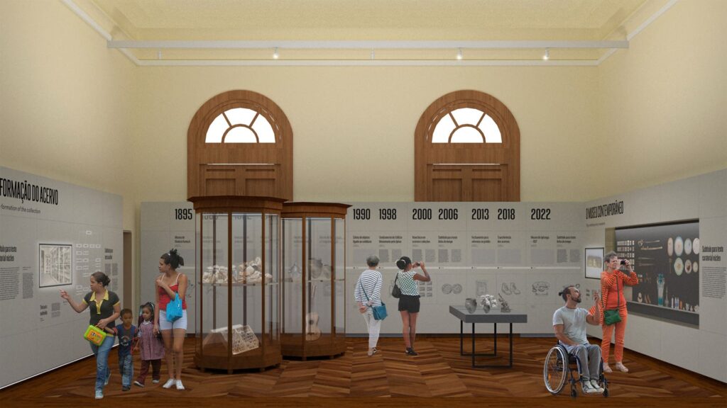 Imagem gerada por computador, reproduzindo uma sala do novo Museu do Ipiranga 2022, que apresenta segunda palestra sobre acessibilidade.