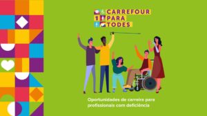Banner verde com ilustração e texto, descritos na legenda, para o texto “Carrefour contrata PcDs entre 26 e 30 de julho”.