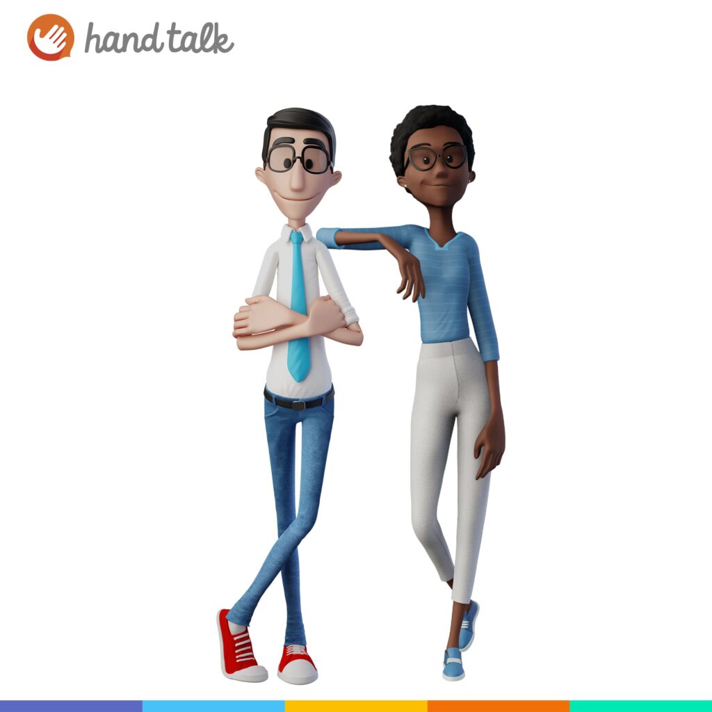Ilustração com o logotipo Hand Talk, no canto esquerdo superior, e os tradutores virtuais 3D, Hugo e Maya.