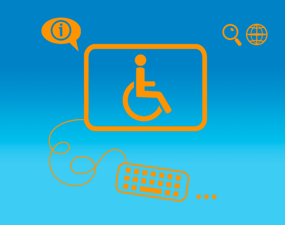 Arte em fundo azul e ícones laranja, ilustrando pauta sobre treinamentos de acessibilidade digital a profissionais de TI. Descrição na legenda, abaixo.