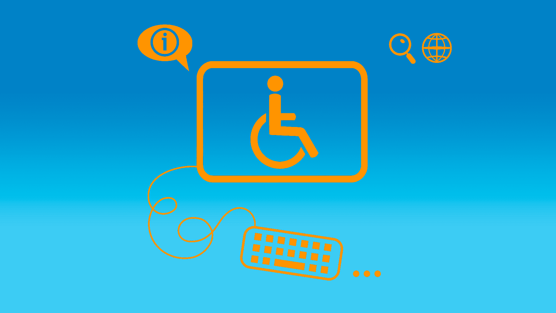 Arte em fundo azul e ícones laranja, ilustrando pauta sobre treinamentos de acessibilidade digital a profissionais de TI. Descrição na legenda, abaixo.