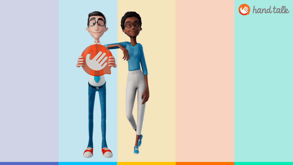Ilustração dos tradutores virtuais 3D, Hugo e Maya. Hugo é branco e segura o logo da Hand Talk. Maya é negra e está com o braço no ombro de Hugo.