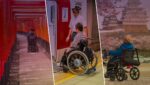 Ilustrando o texto “Turismo Acessível Japonês” arte editada com três fotografias de pessoas em cadeiras de rodas, em pontos turísticos no Japão.