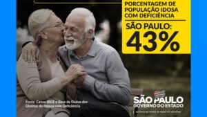 Casal de idosos ilustrando o lançamento da cartilha "Envelhecer é para todos", com informações em texto descrito na legenda.