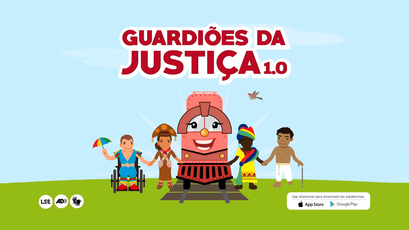 Ilustração com quatro pessoas, locomotiva de trem e o nome do jogo Guardiões da Justiça 1.0. Descrição detalhada na legenda, ilustrando "Game pernambucano prioriza acessibilidade".