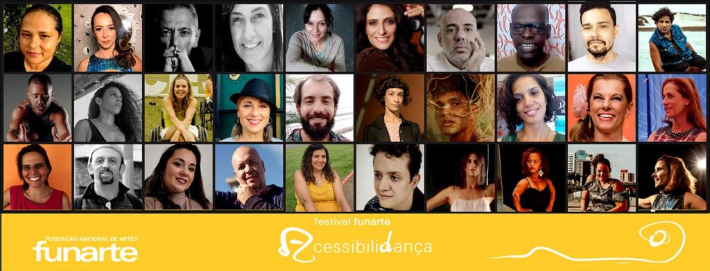 Mosaico com 30 fotografias dos participantes da nova série de vídeos "Encontros Funarte Acessibilidança.