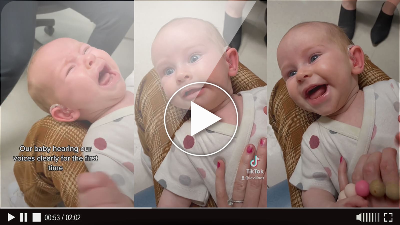 Três fotos em sequência, da bebê Gigi ouvindo com clareza pela primeira vez, ilustrando o impacto da audição no aprendizado infantil.