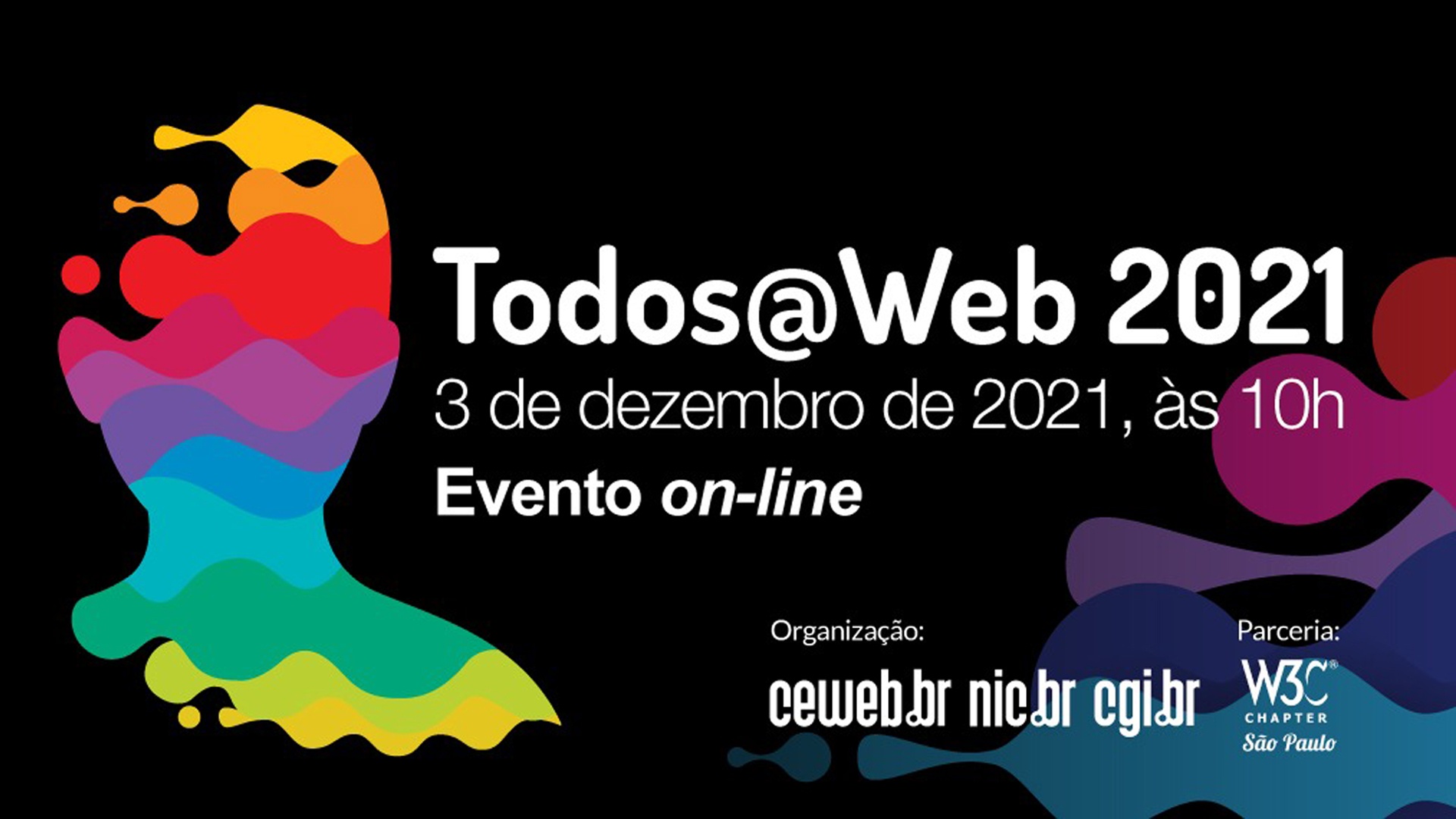 Banner de divulgação do evento Todos@Web, de lançamento da ferramenta TIC Web Acessibilidade e outras que promovem uma web inclusiva. Descrição detalhada na legenda.