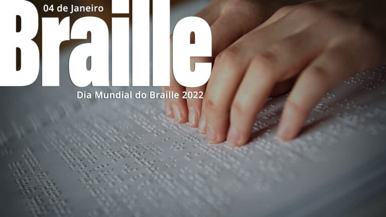 Foto de mão fazendo leitura, com sobreposição de texto: 04 de janeiro, Dia Mundial do Braille 2022, ilustrando artigo sobre a desbrailização.