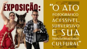 Arte de capa com foto de mulher com cão-guia e homem segurando uma claquete de filmagens, com textos, ilustrando a mostra sobre acessibilidade cultural em Itu.