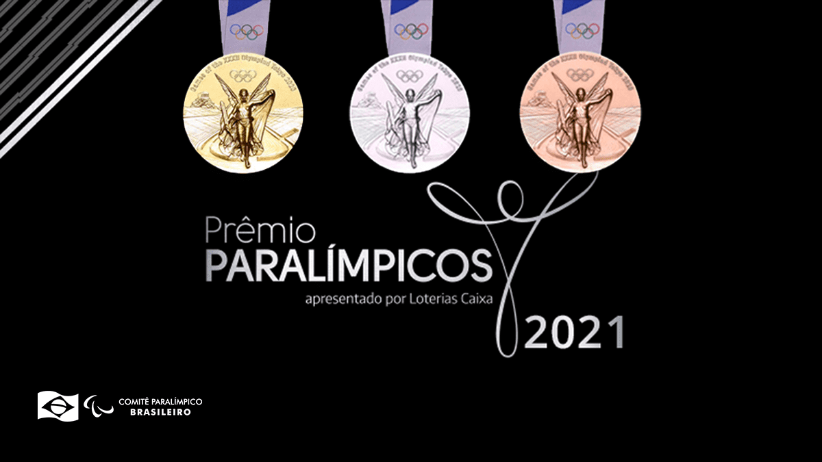 Arte com o título “Prêmio Paralímpicos 2021”, as três medalhas de ouro, prata e bronze das Paralimpíadas de Tóquio 2020 e a logo do Comitê Paralímpico Brasileiro.