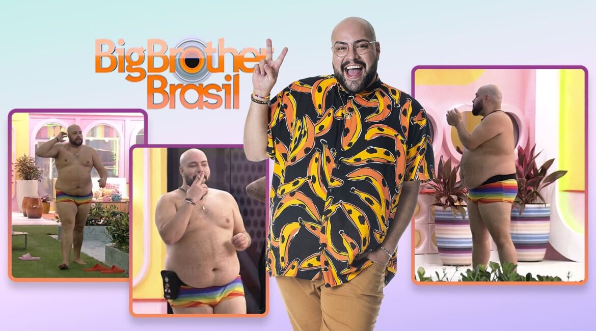 Arte com a logo do programa de TV Big Brother Brasil e fotos do artista Tiago Abravanel, três delas vestindo só uma sunga, ilustrando a gordofobia além da estética.