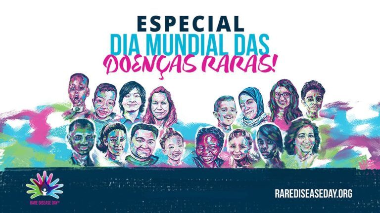 Arte oficial com ilustração de 16 rostos que participam da campanha e o título Especial Dia das Doenças Raras 2022.