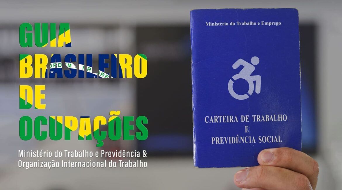 Foto da carteira de trabalho, estilizada, e sobreposição do título Guia Brasileiro de Ocupações.