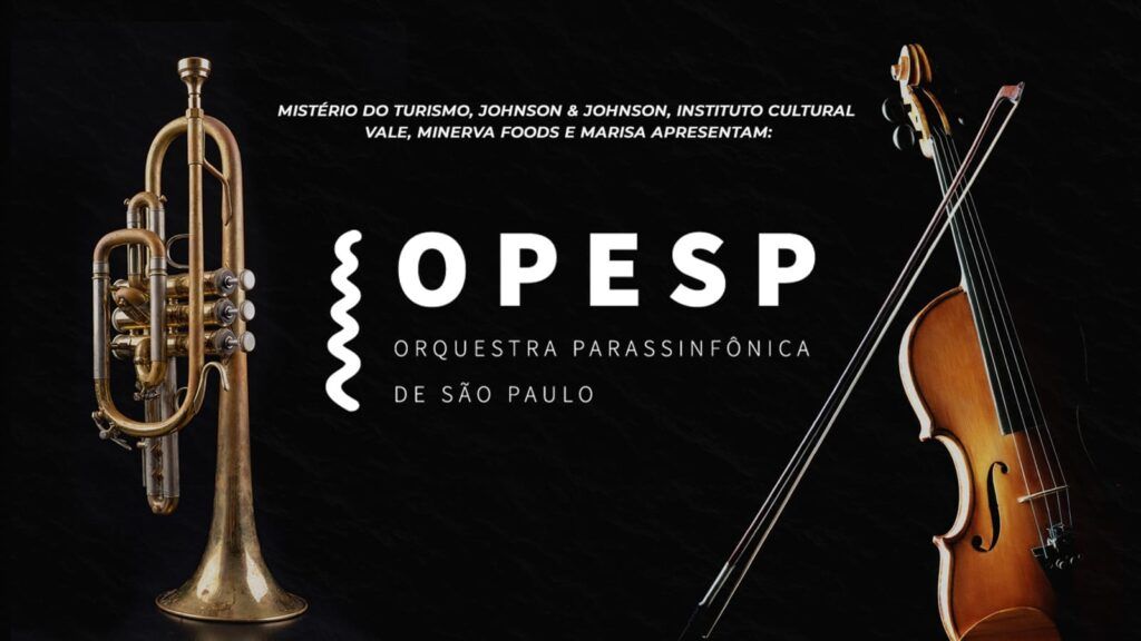 Foto de trompete e violino, com texto e o nome OPESP - Orquestra Parassinfônica de São Paulo