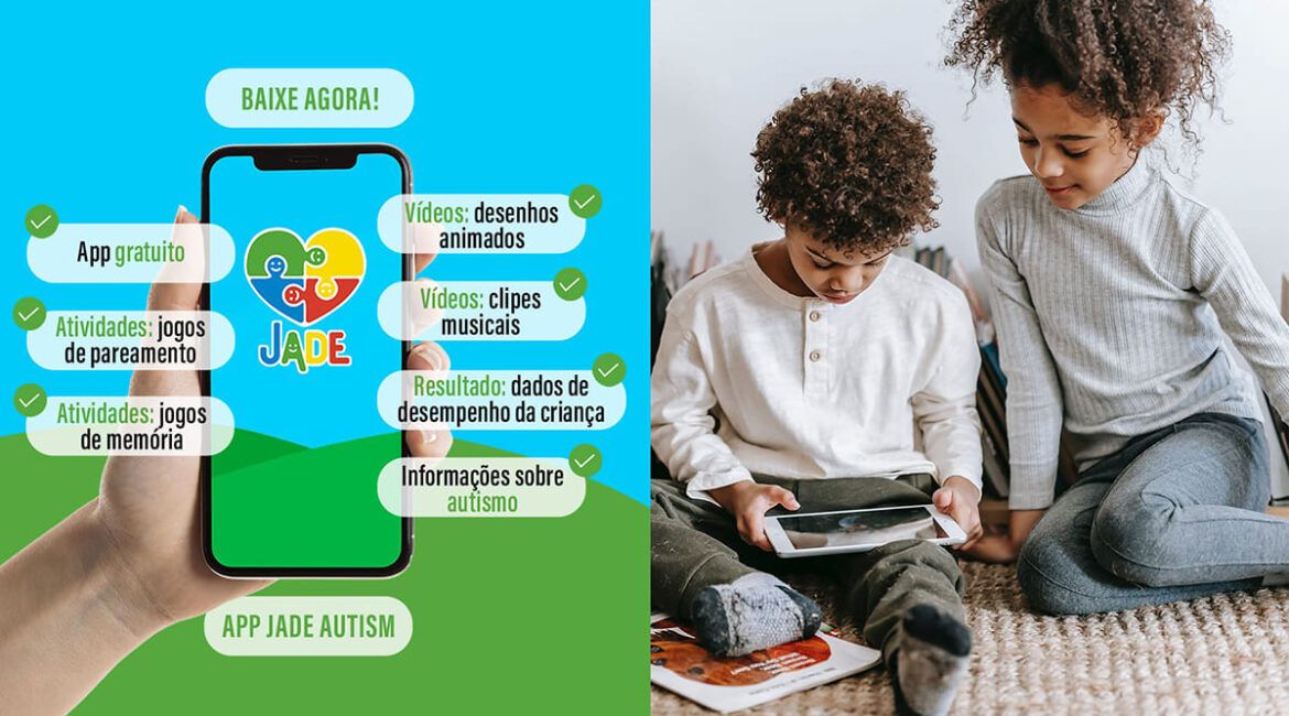 Arte com foto de duas crianças com um tablet, e texto sobre o app brasileiro Jade Autism.