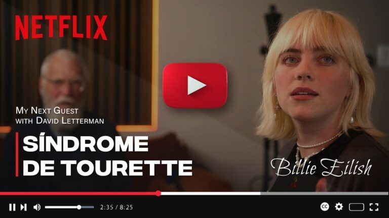 Arte com foto e textos: Síndrome de Tourette, condição que Billie Eilish desabafa no programa My Next Guest with David Letterman (Netflix).