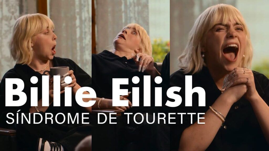 Três fotos em sequência da cantora Billie Eilish mostrando seus tics e o texto: “Billie Eilish, síndrome de Tourette”.