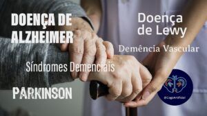 Mãos de pessoa idosa segurando bengala ilustrando pesquisa online com 380 cuidadores de idosos com demência. Sobreposição dos nomes da doença de Alzheimer, de Levy, demência vascular, síndromes demenciais e Parkinson.