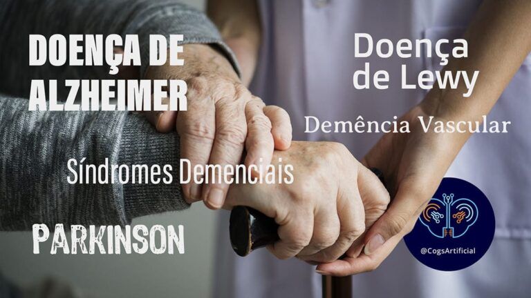 Mãos de pessoa idosa segurando bengala ilustrando pesquisa online com 380 cuidadores de idosos com demência. Sobreposição dos nomes da doença de Alzheimer, de Levy, demência vascular, síndromes demenciais e Parkinson.