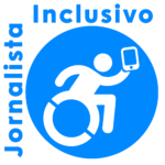 Logo azul Jornalista Inclusivo com ícone internacional de acessibilidade cor branca..