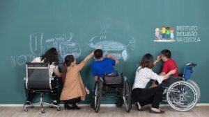 Cinco pessoas desenhando na lousa com giz, sendo dois cadeirantes, com sobreposição do logo do “Instituto Inclusão na Escola”, no canto esquerdo superior.