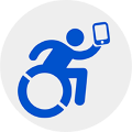 Símbolo de acessibilidade em movimento com uma pessoa em cadeira de rodas segurando um smartphone, em um círculo branco.