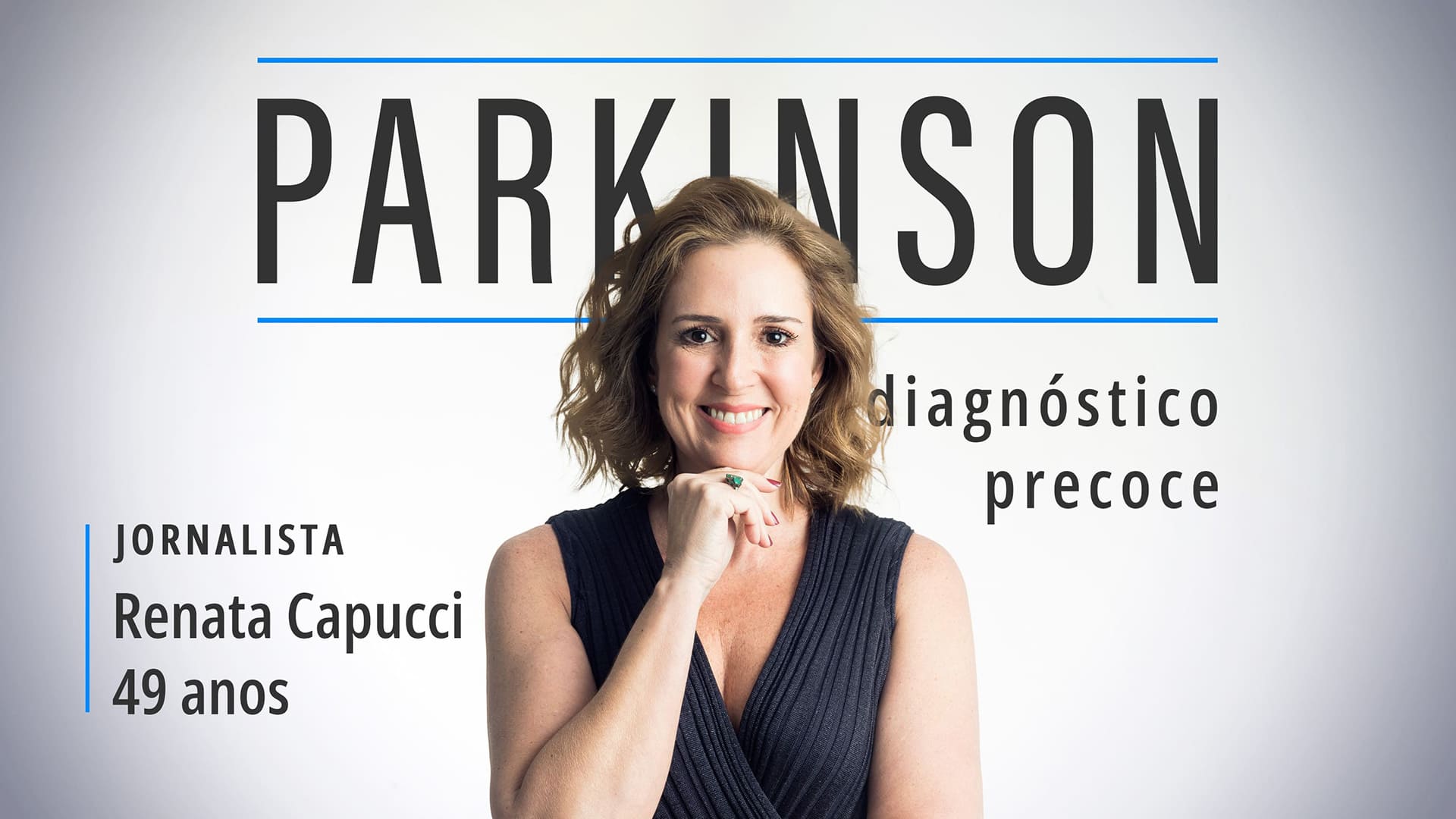 Foto da jornalista Renata Capucci, mulher branca com cabelos loiros na altura dos ombros, reveleu ter a doença de Parkinson e o diagnóstico precoce.
