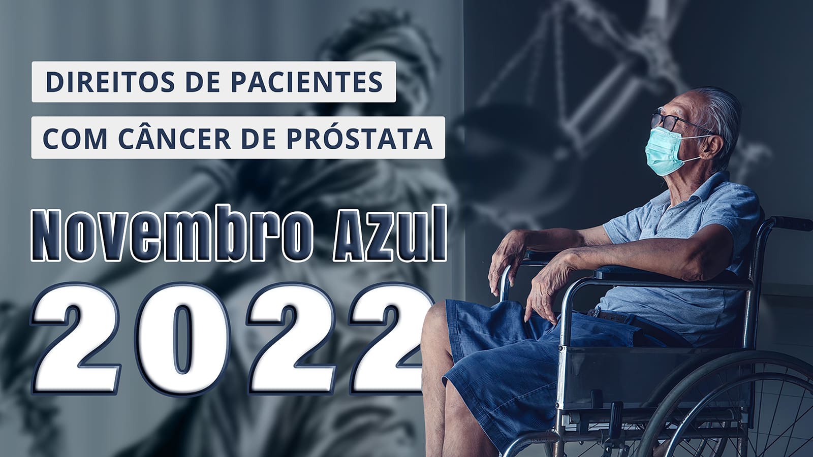 Idoso sentado em cadeira de rodas, sozinho e olhando para a janela. Direitos de pacientes com câncer de próstata, Novembro Azul 2022.