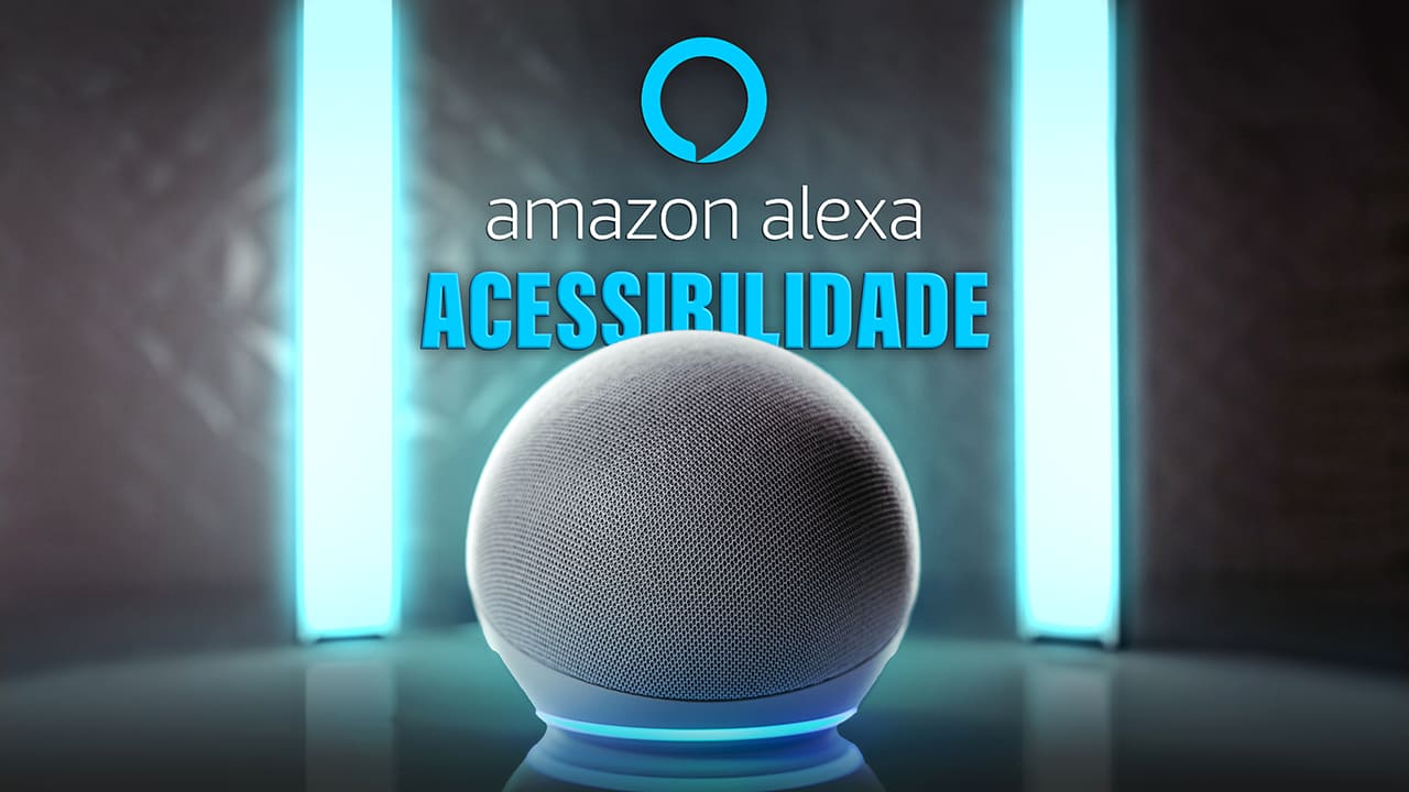 Foto do dispositivo Echo Dot (4ª geração) com luzes azuis ao fundo, o nome Amazon Alexa e a palavra “Acessibilidade”. (Recursos de Acessibilidade da Alexa para PcDs).