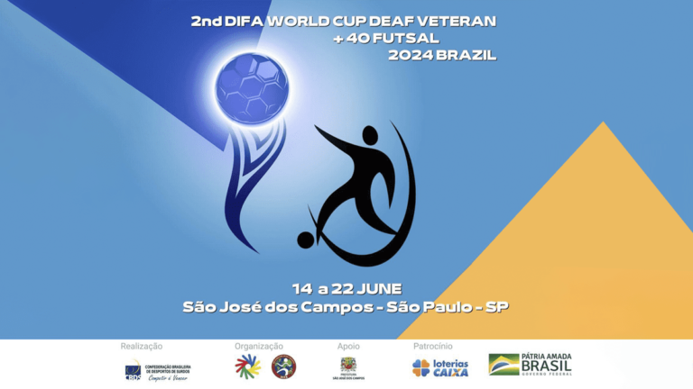 Banner com nome em inglês da 2ª Copa do Mundo de Futsal Veterano de Surdos +40. 14 a 22 de junho, São José dos Campos, em São Paulo/SP.