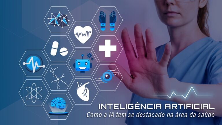 À direita, profissional da saúde com braço esticado toca nos ícones de IA na saúde clínica, à esquerda da imagem. No canto direito inferior, o texto: Inteligência artificial - como a IA tem se destacado na área da saúde.