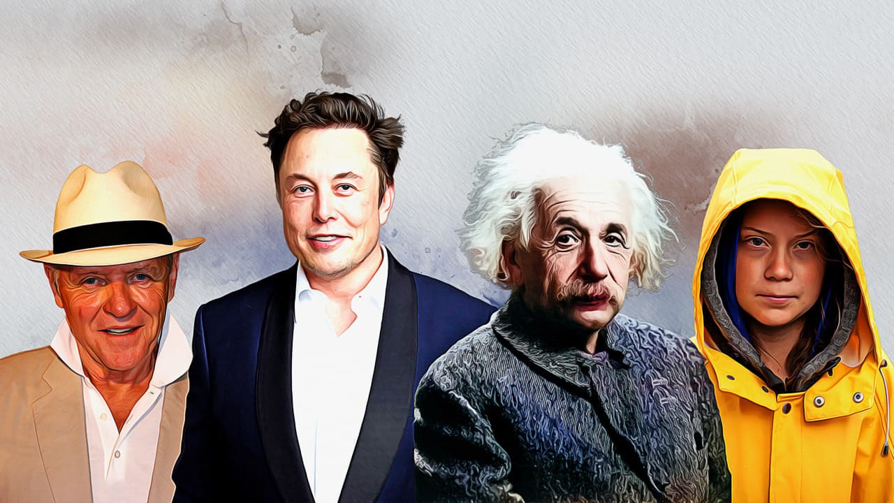 Imagem com 4 das 9 celebridades autistas para se inspirar. Fotografia do ator Anthony Hopkins, Elon Musk, Greta Thunberg e Albert Einstein, transformadas em pintura a óleo.