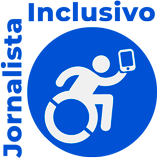 Logo Jornalista Inclusivo, azul e ícone branco Pessoa com Deficiência.