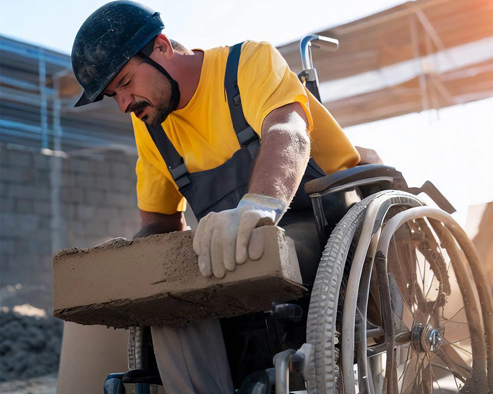 Pedreiro em cadeira de rodas trabalhando em obra. Imagem mostra a inclusão de PCDs na construção civil.