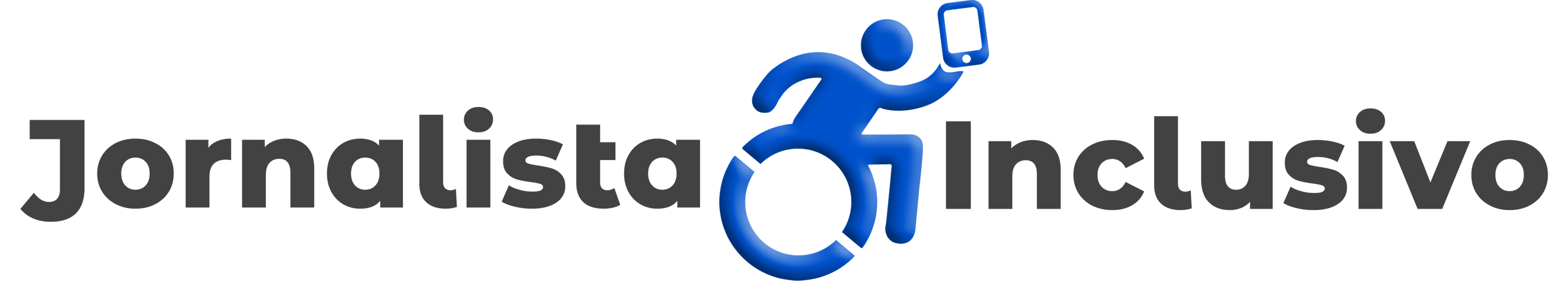 Logo Jornalista Inclusivo, cor preta, ícone cadeira de rodas, cor azul.